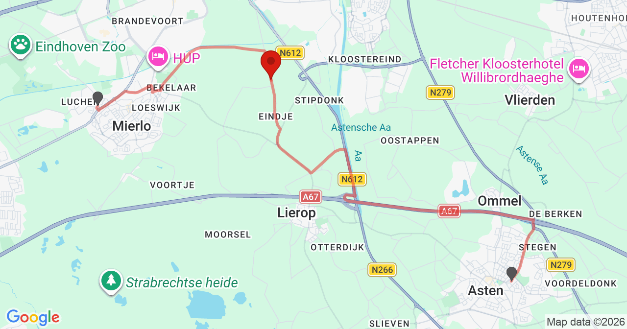 Kaart van het incident in Lierop met de aanrijroutes van de gealarmeerde eenheden