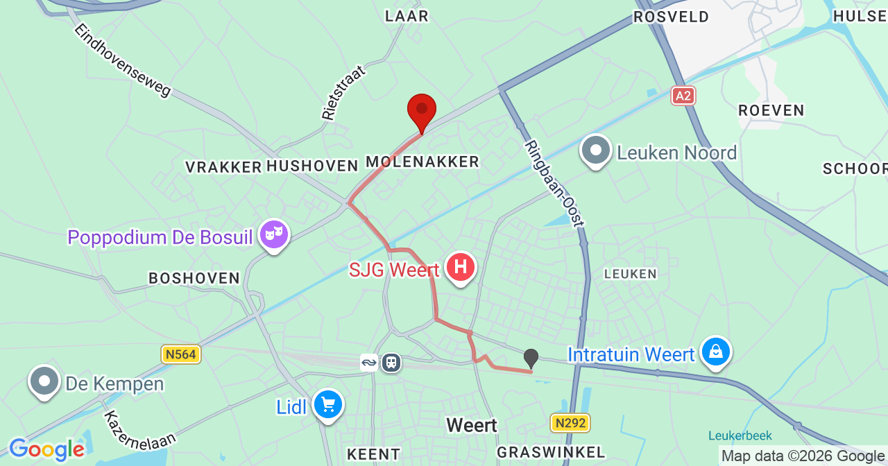 Kaart van het incident in Weert met de aanrijroutes van de gealarmeerde eenheden