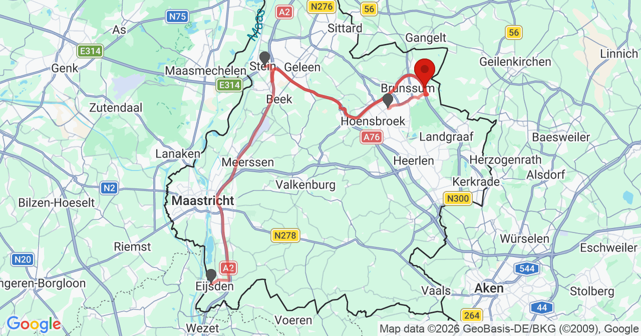 Kaart van het incident in Brunssum met de aanrijroutes van de gealarmeerde eenheden