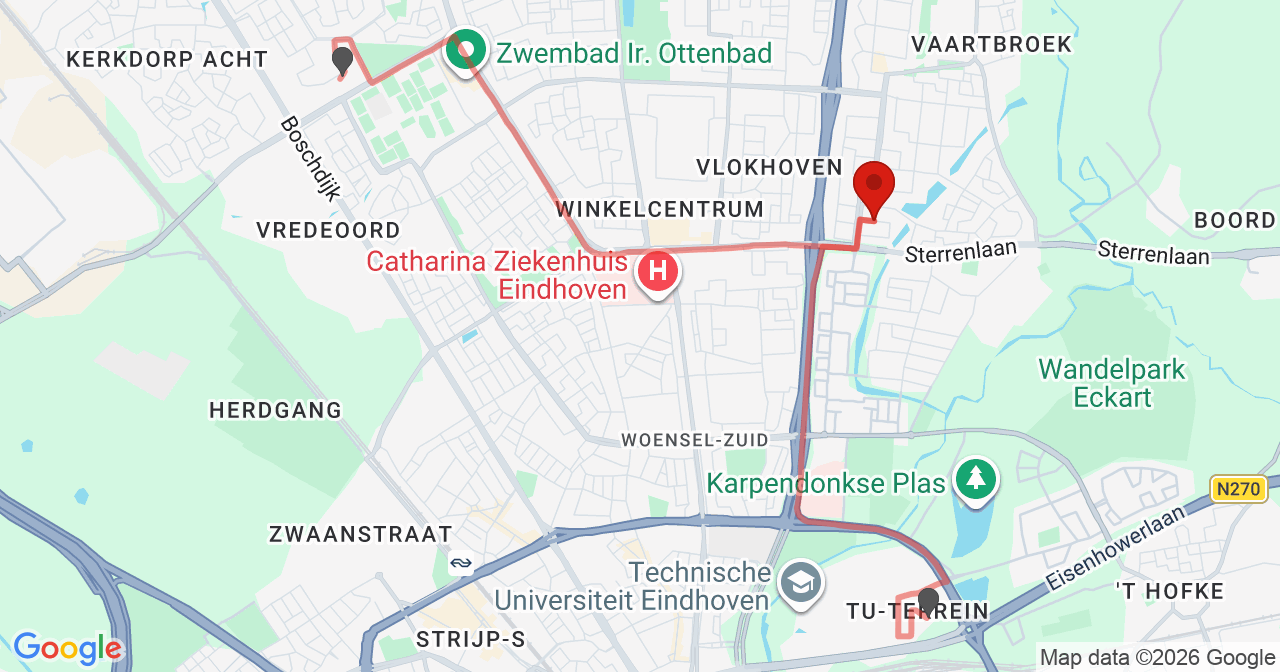 Kaart van het incident in Eindhoven met de aanrijroutes van de gealarmeerde eenheden