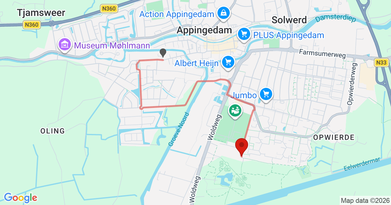 Kaart van het incident in Appingedam met de aanrijroutes van de gealarmeerde eenheden