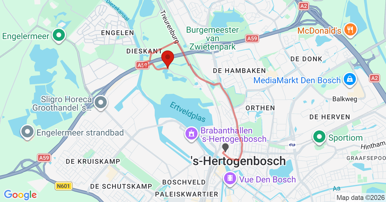 Kaart van het incident in 's-Hertogenbosch met de aanrijroutes van de gealarmeerde eenheden