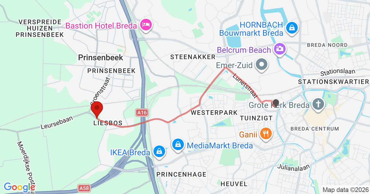Kaart van het incident in Breda met de aanrijroutes van de gealarmeerde eenheden