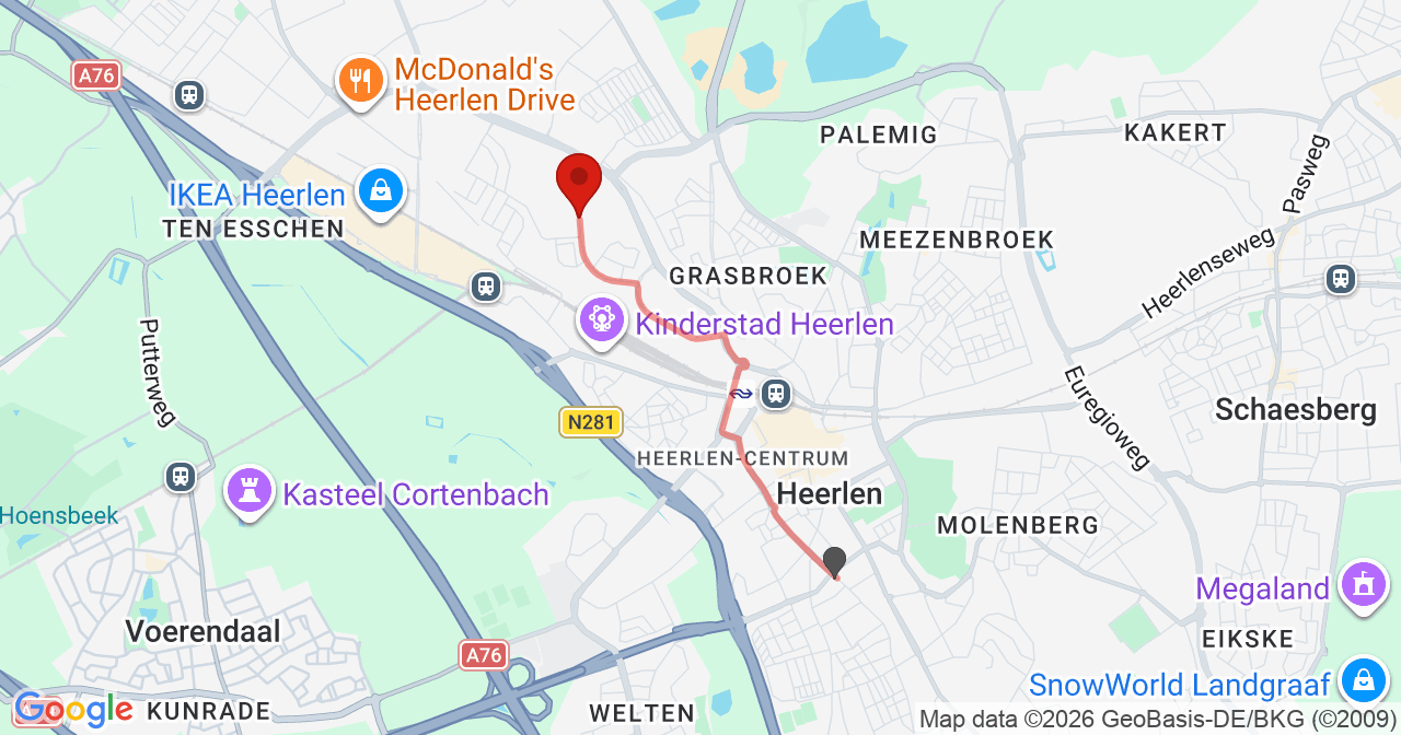 Kaart van het incident in Heerlen met de aanrijroutes van de gealarmeerde eenheden