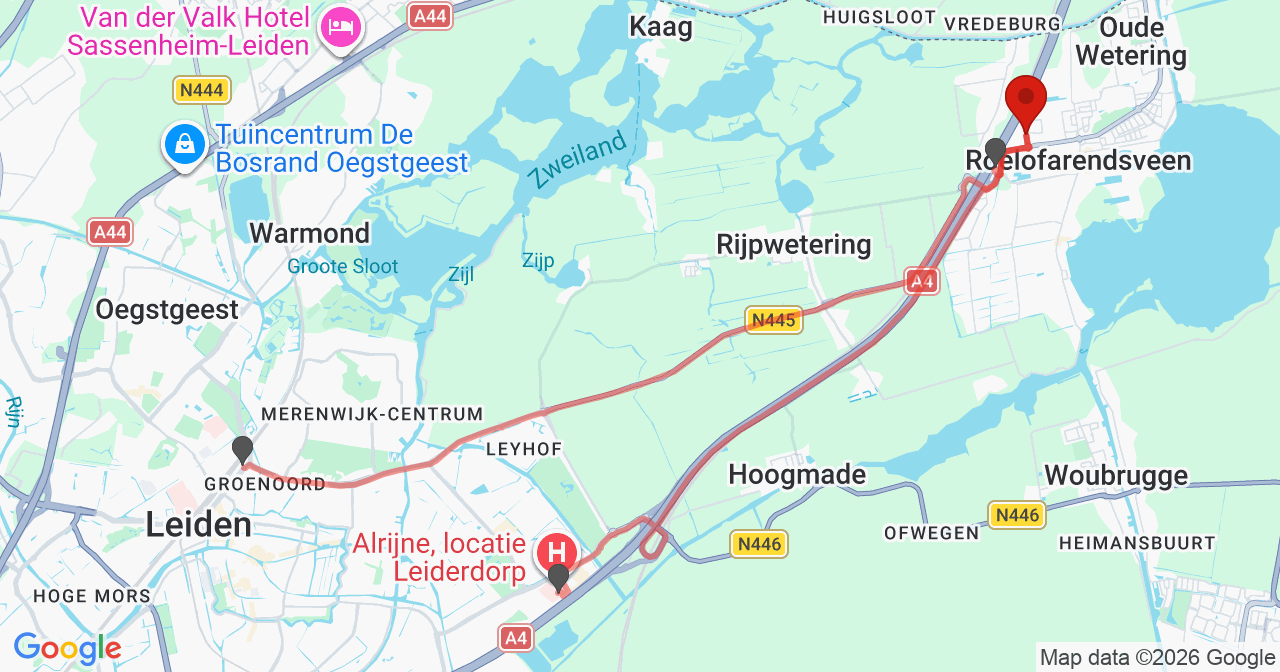Kaart van het incident in Roelofarendsveen met de aanrijroutes van de gealarmeerde eenheden