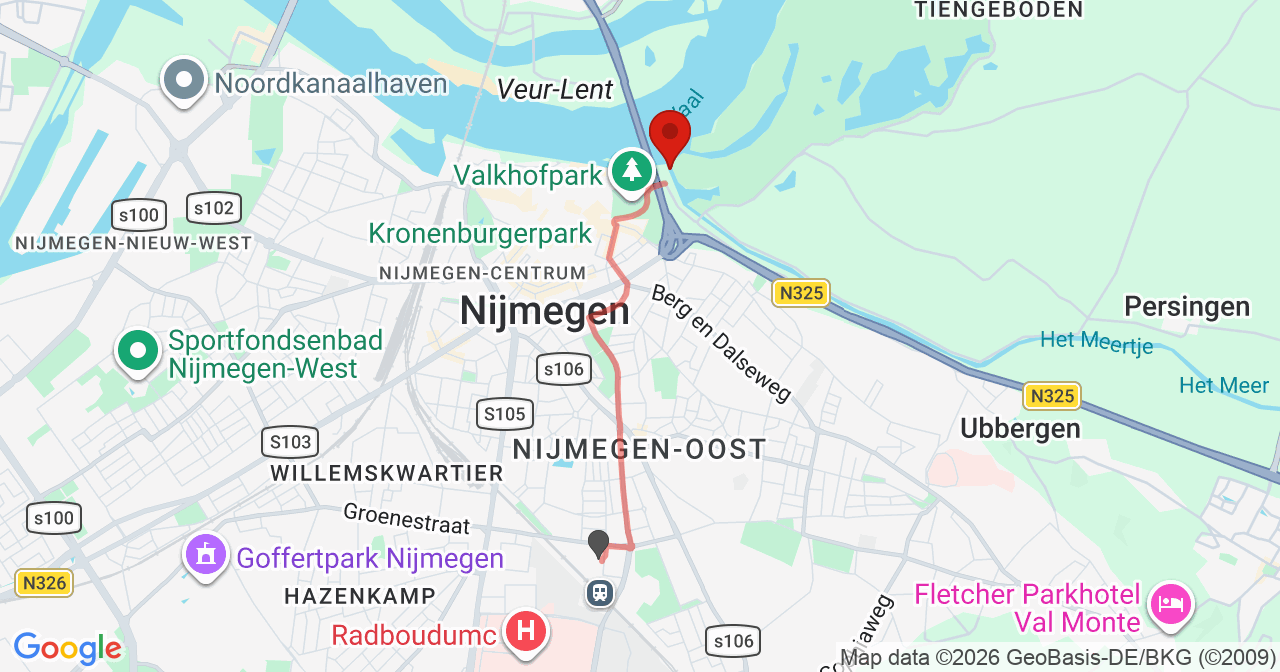 Kaart van het incident in Nijmegen met de aanrijroutes van de gealarmeerde eenheden