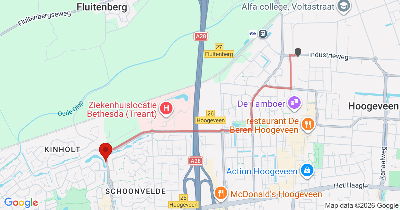 Kaart van het incident in Hoogeveen met de aanrijroutes van de gealarmeerde eenheden