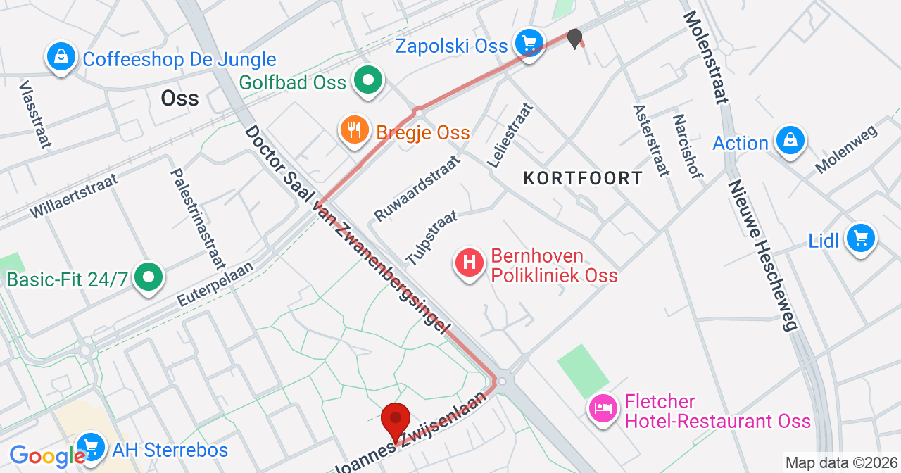 Kaart van het incident in Oss met de aanrijroutes van de gealarmeerde eenheden