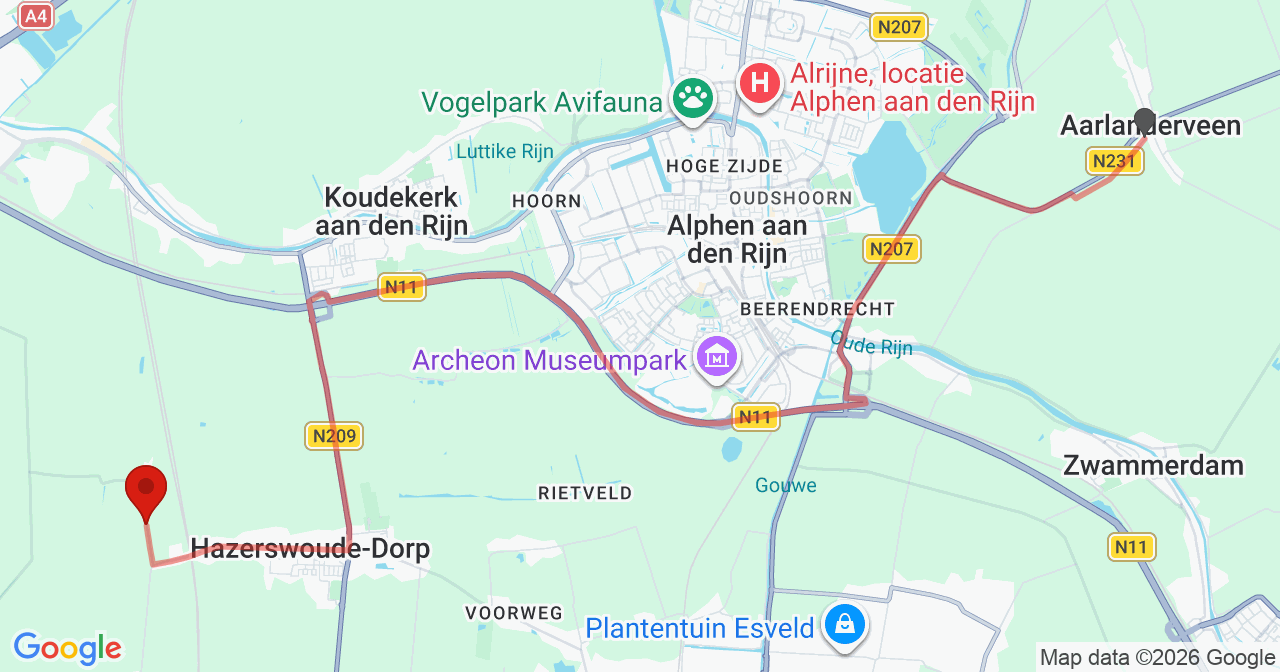 Kaart van het incident in Hazerswoude-Dorp met de aanrijroutes van de gealarmeerde eenheden