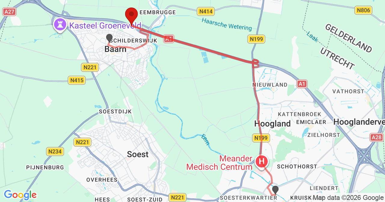Kaart van het incident in Baarn met de aanrijroutes van de gealarmeerde eenheden