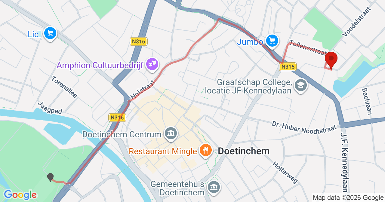 Kaart van het incident in Doetinchem met de aanrijroutes van de gealarmeerde eenheden