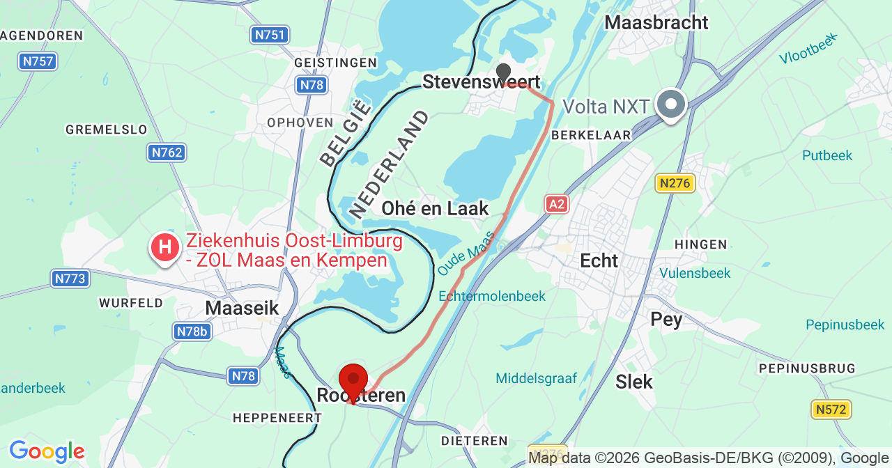 Kaart van het incident in Roosteren met de aanrijroutes van de gealarmeerde eenheden