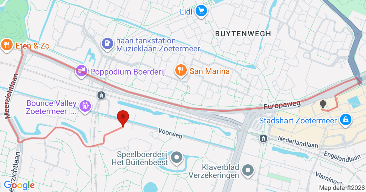 Kaart van het incident in Zoetermeer met de aanrijroutes van de gealarmeerde eenheden