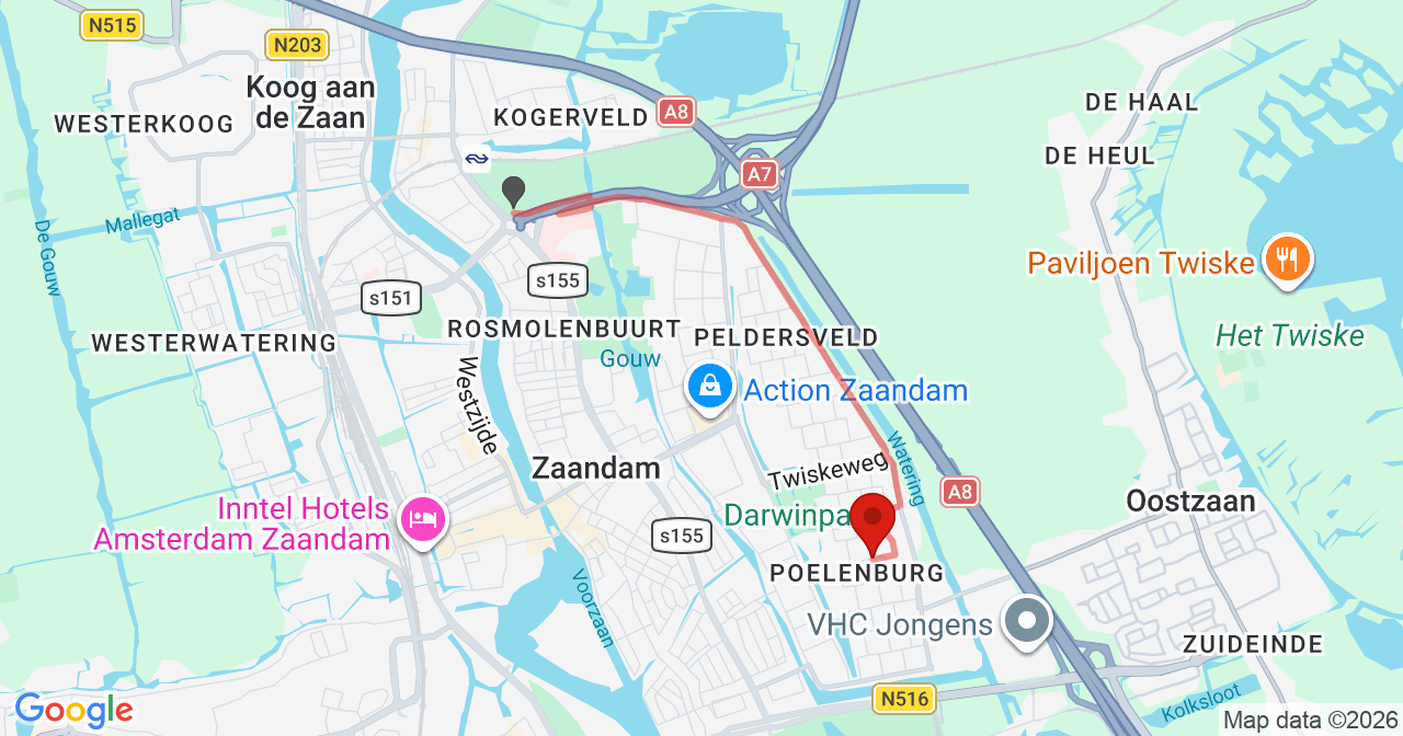 Kaart van het incident in Zaandam met de aanrijroutes van de gealarmeerde eenheden