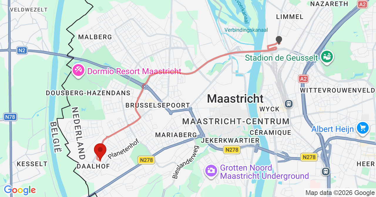 Kaart van het incident in Maastricht met de aanrijroutes van de gealarmeerde eenheden