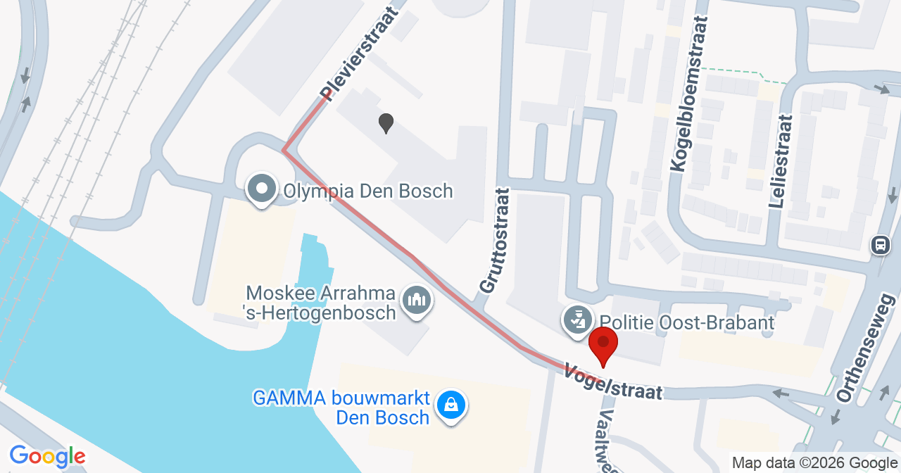 Kaart van het incident in 's-Hertogenbosch met de aanrijroutes van de gealarmeerde eenheden