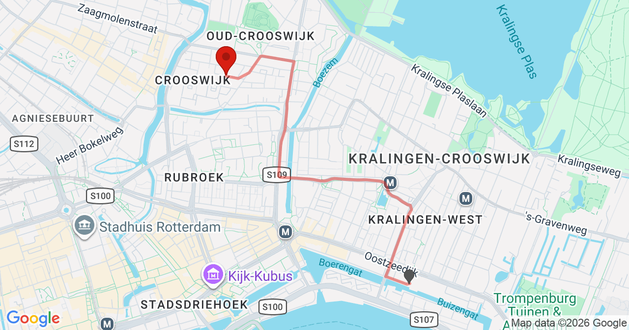 Kaart van het incident in Rotterdam met de aanrijroutes van de gealarmeerde eenheden