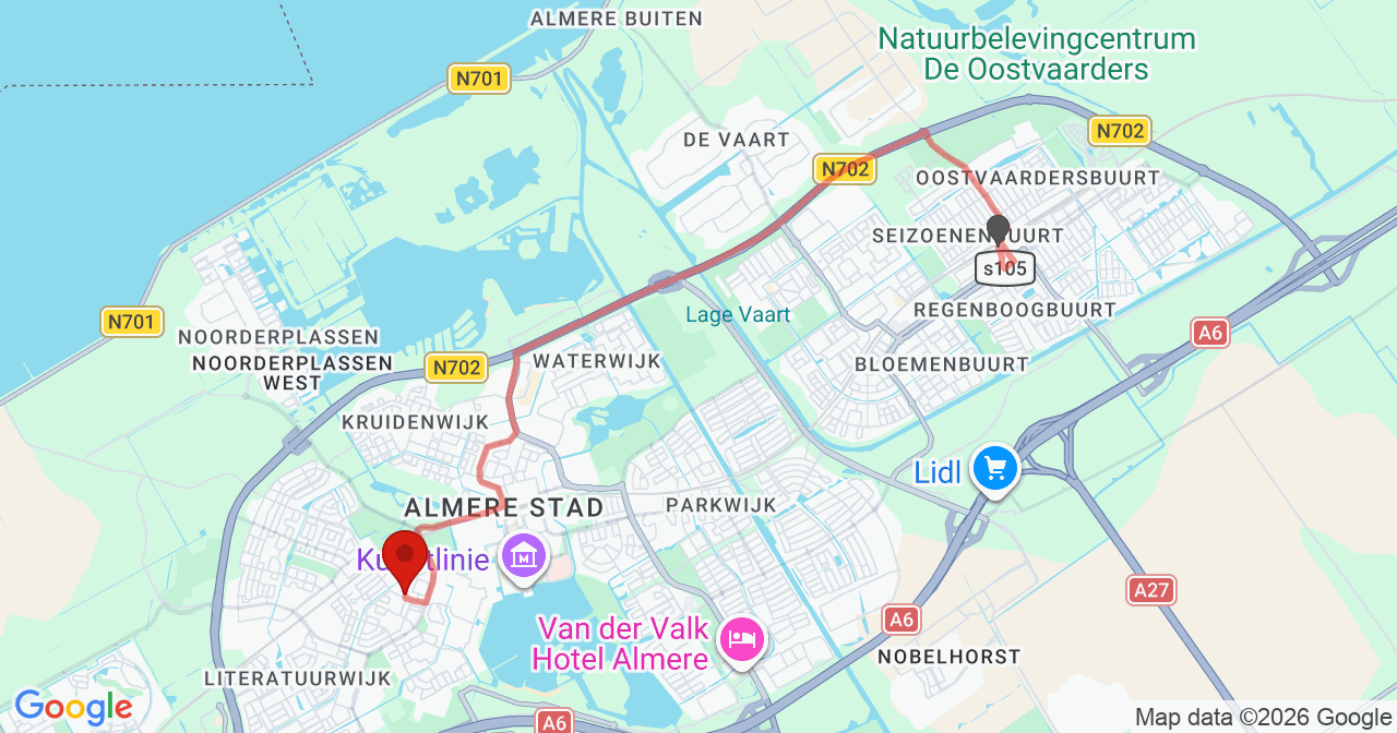 Kaart van het incident in Almere met de aanrijroutes van de gealarmeerde eenheden
