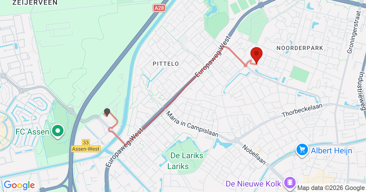 Kaart van het incident in Assen met de aanrijroutes van de gealarmeerde eenheden
