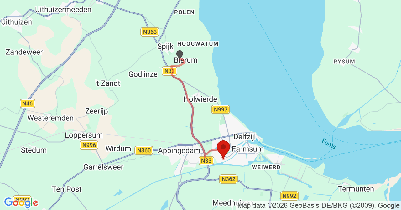 Kaart van het incident in Delfzijl met de aanrijroutes van de gealarmeerde eenheden