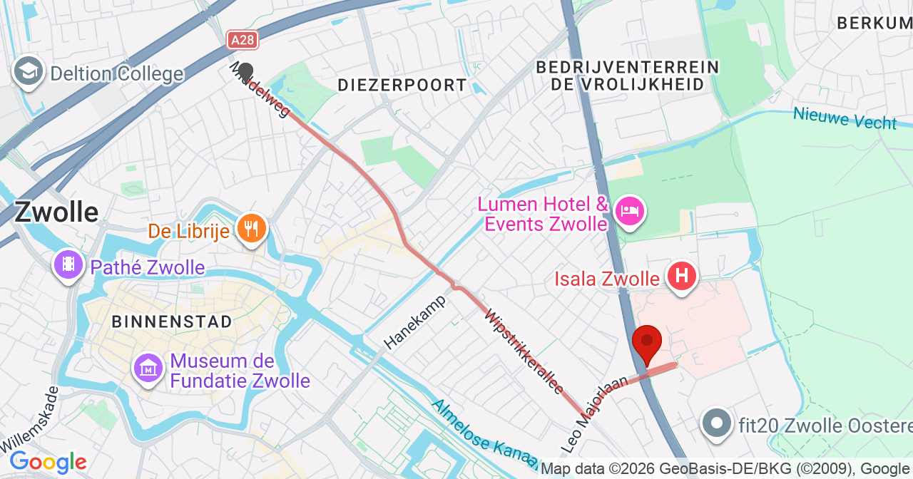 Kaart van het incident in Zwolle met de aanrijroutes van de gealarmeerde eenheden