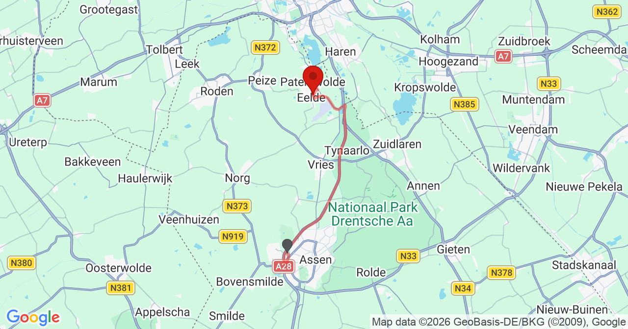 Kaart van het incident in Eelde met de aanrijroutes van de gealarmeerde eenheden
