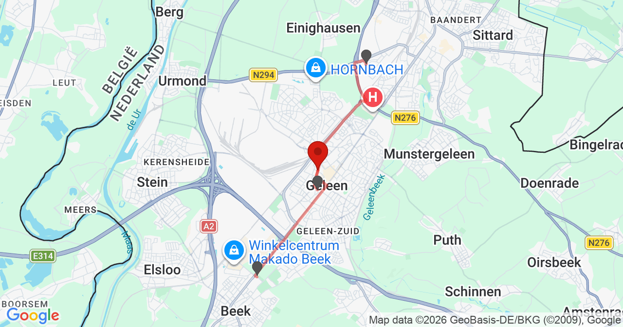 Kaart van het incident in Geleen met de aanrijroutes van de gealarmeerde eenheden