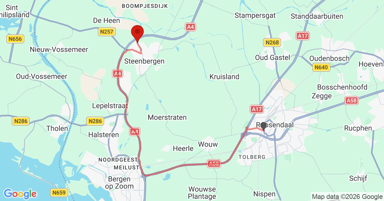 Kaart van het incident in Roosendaal met de aanrijroutes van de gealarmeerde eenheden