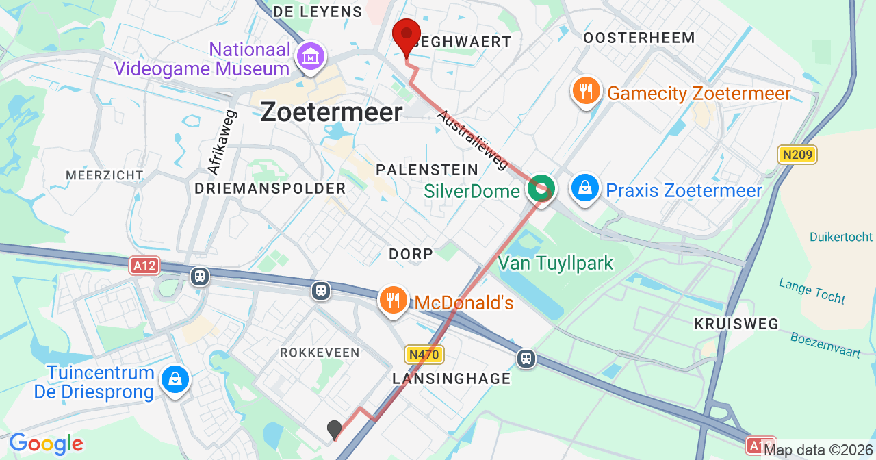 Kaart van het incident in Zoetermeer met de aanrijroutes van de gealarmeerde eenheden
