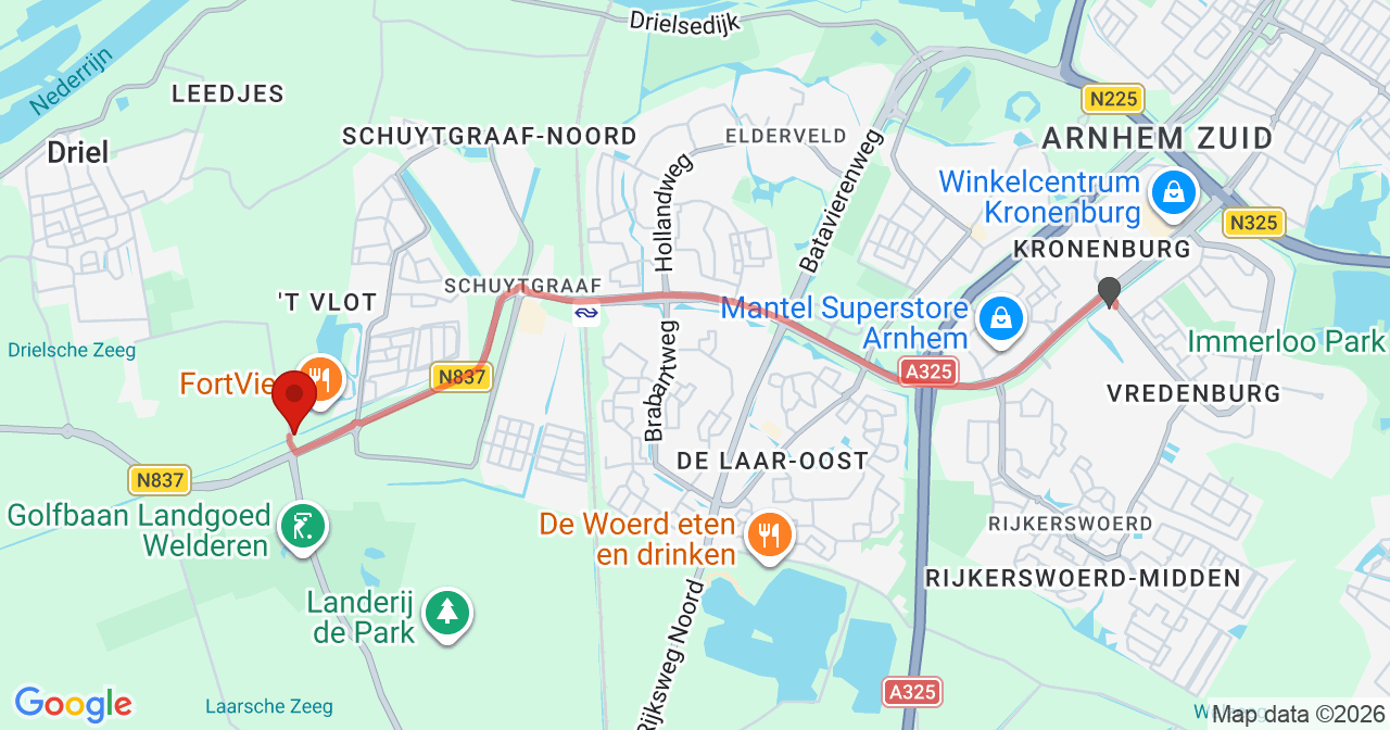 Kaart van het incident in Elst met de aanrijroutes van de gealarmeerde eenheden