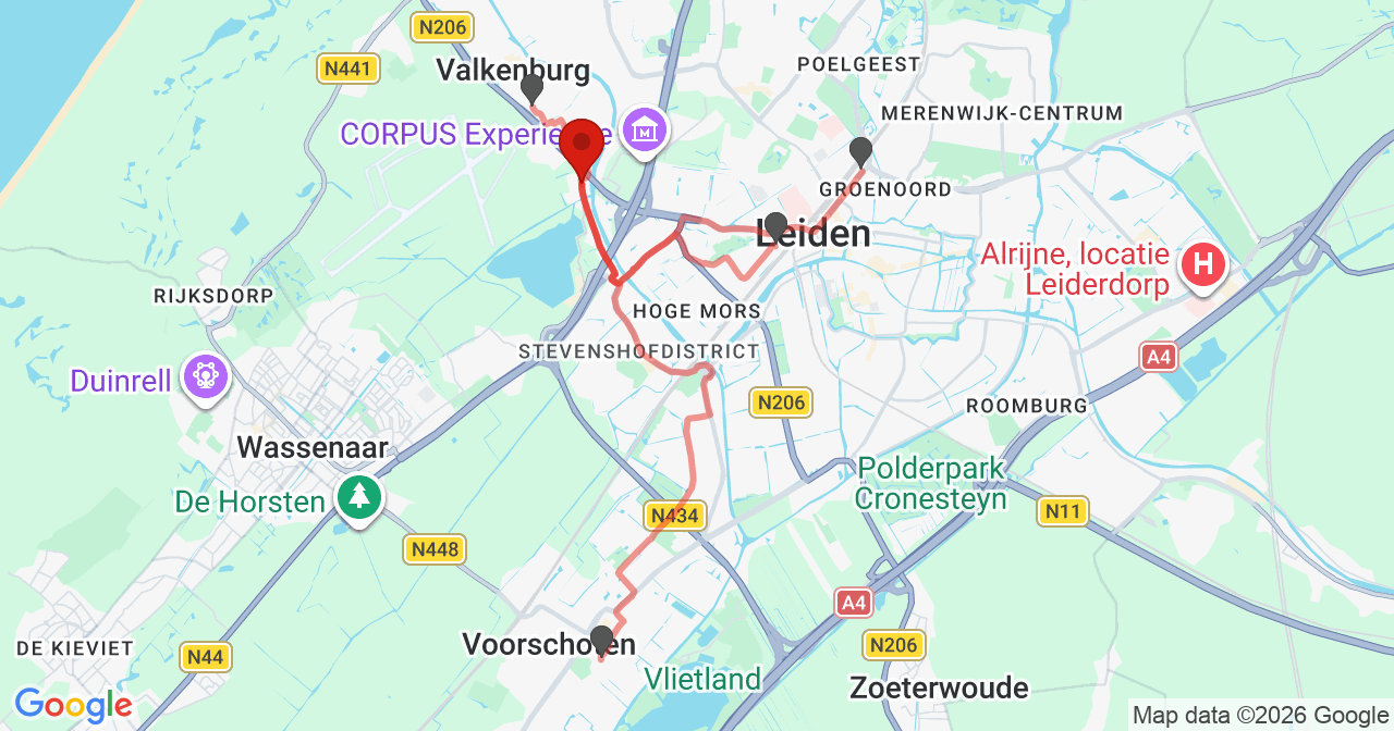 Kaart van het incident in Valkenburg ZH met de aanrijroutes van de gealarmeerde eenheden