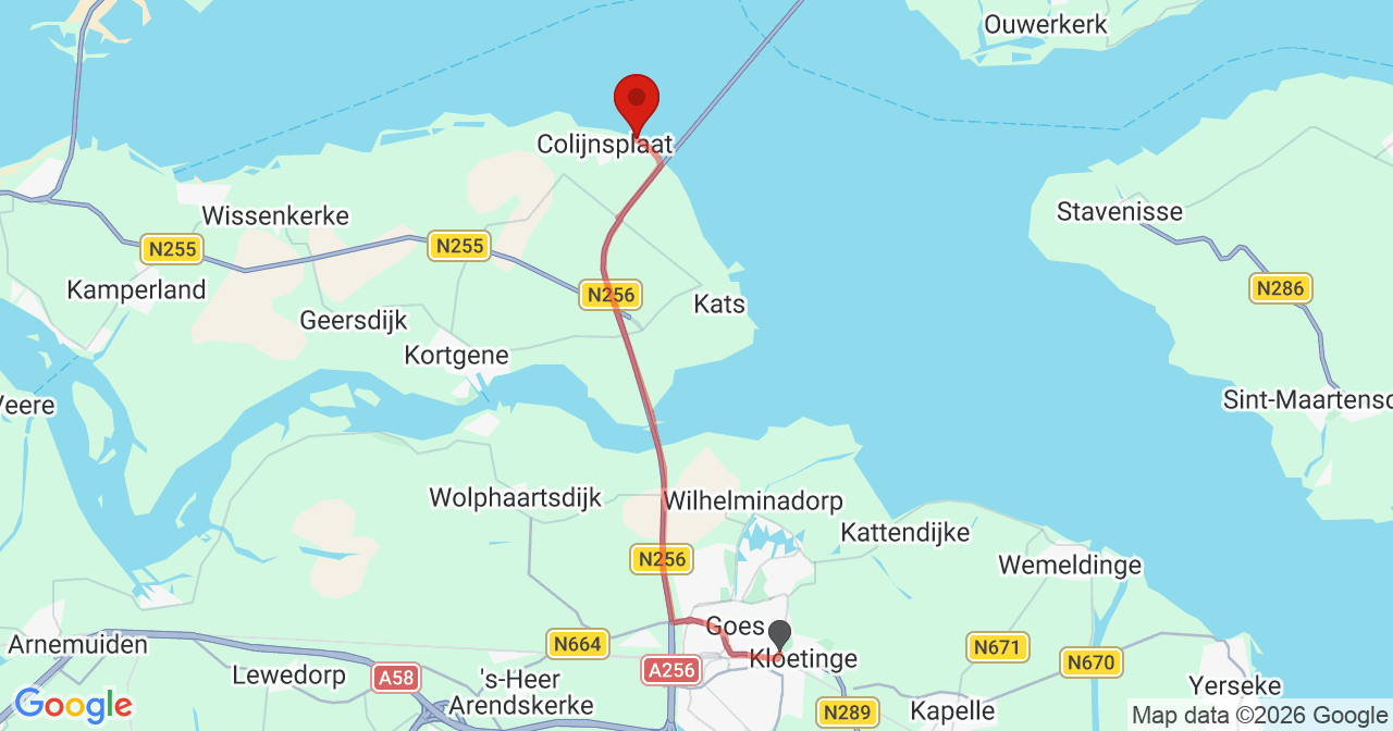 Kaart van het incident in Colijnsplaat met de aanrijroutes van de gealarmeerde eenheden