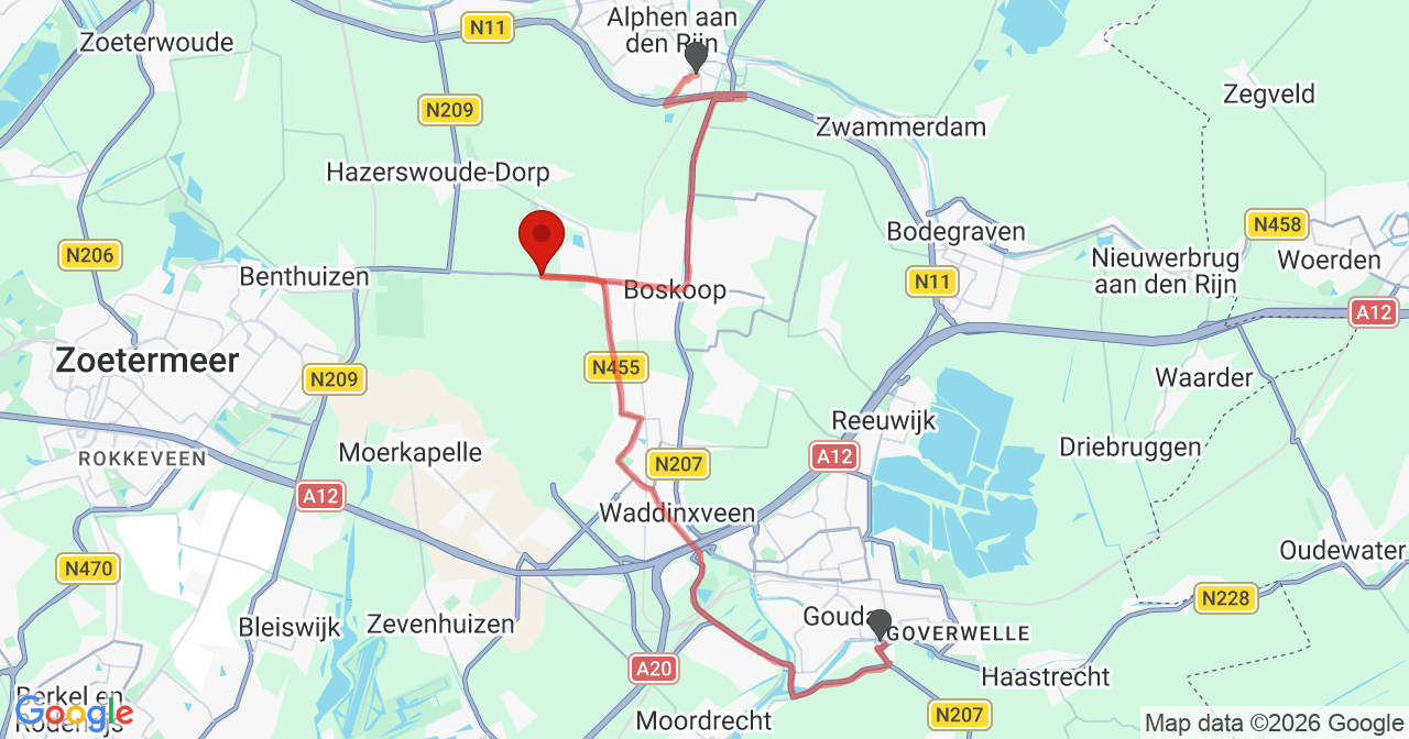 Kaart van het incident in Hazerswoude-Dorp met de aanrijroutes van de gealarmeerde eenheden