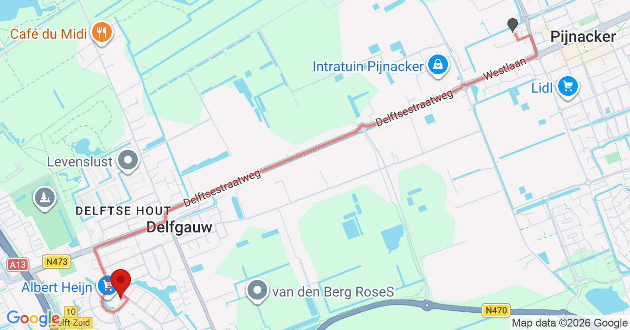 Kaart van het incident in Delfgauw met de aanrijroutes van de gealarmeerde eenheden