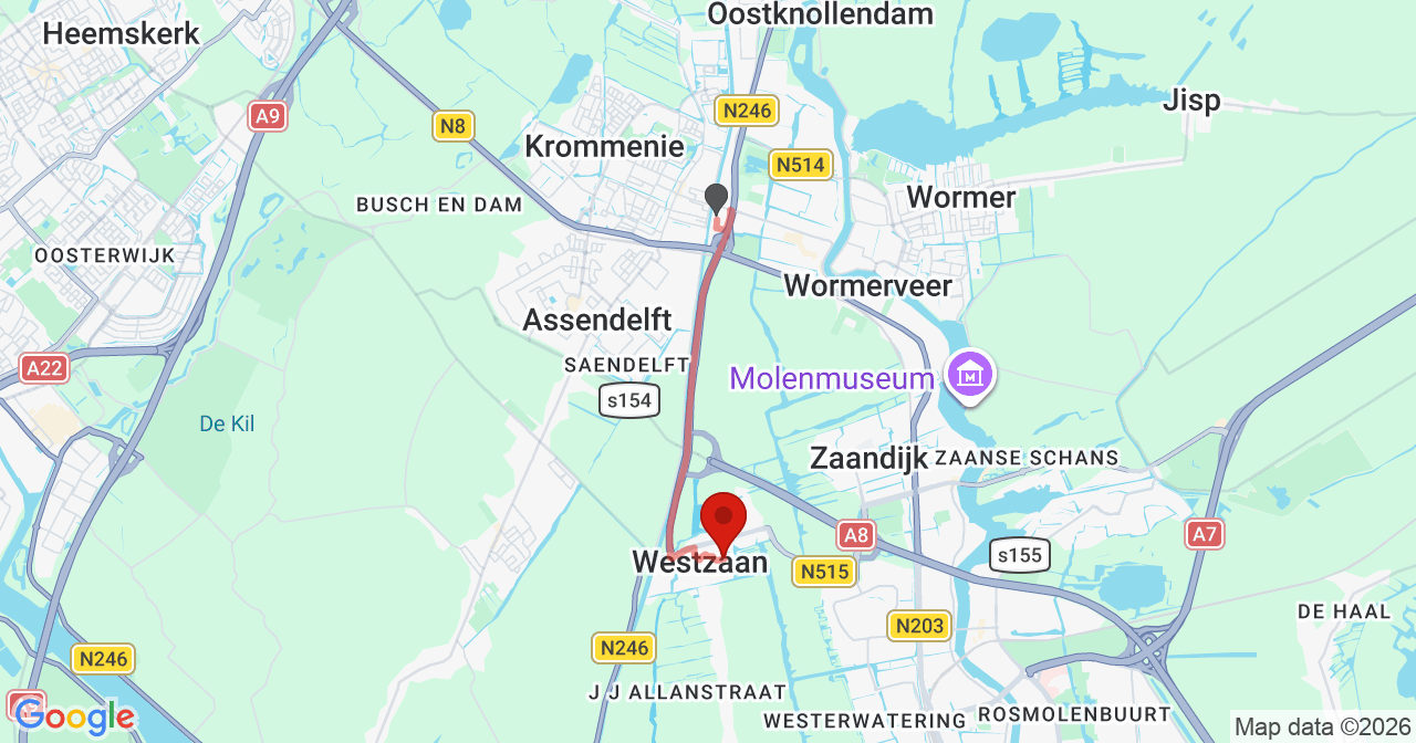 Kaart van het incident in Westzaan met de aanrijroutes van de gealarmeerde eenheden