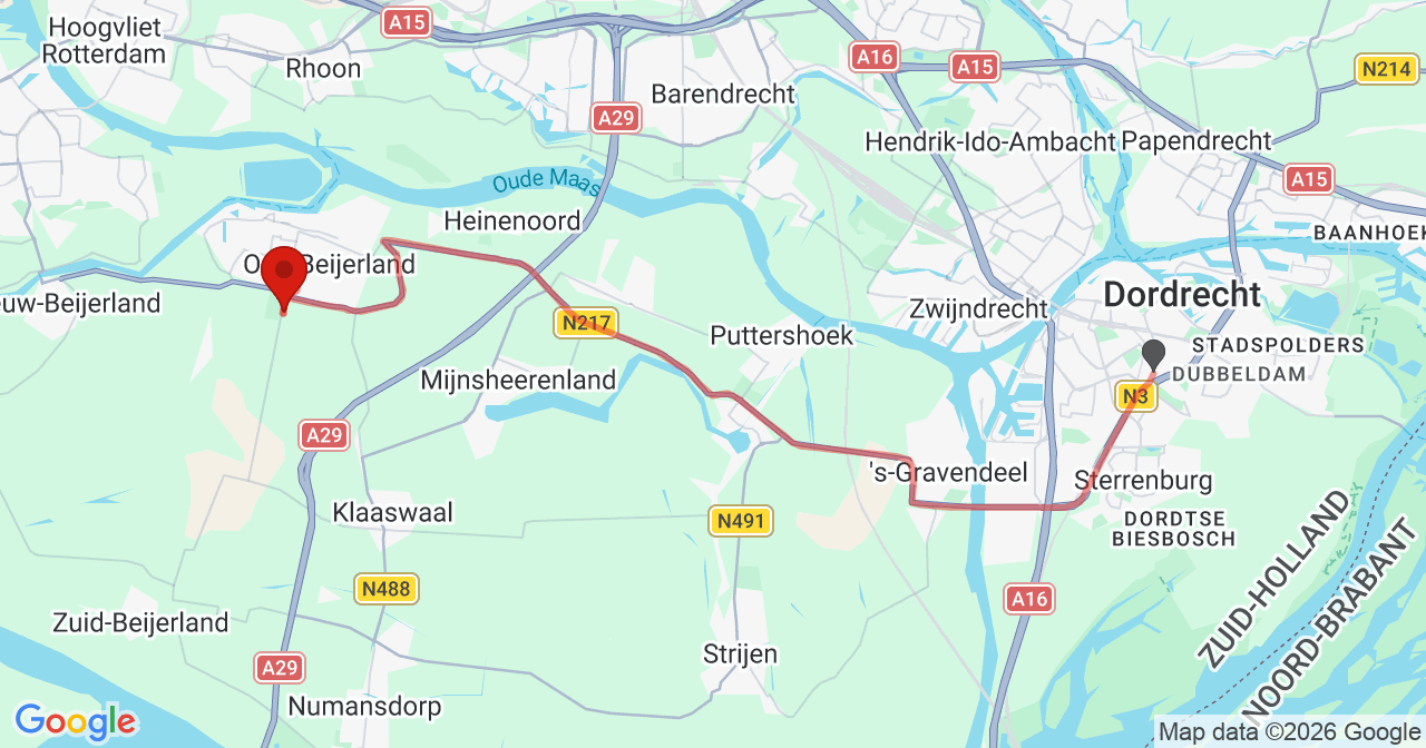 Kaart van het incident in Oud-Beijerland met de aanrijroutes van de gealarmeerde eenheden