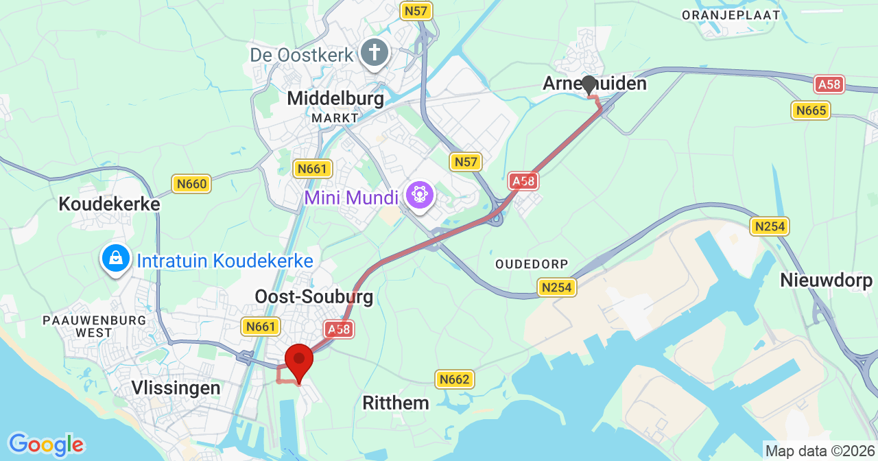 Kaart van het incident in Vlissingen met de aanrijroutes van de gealarmeerde eenheden