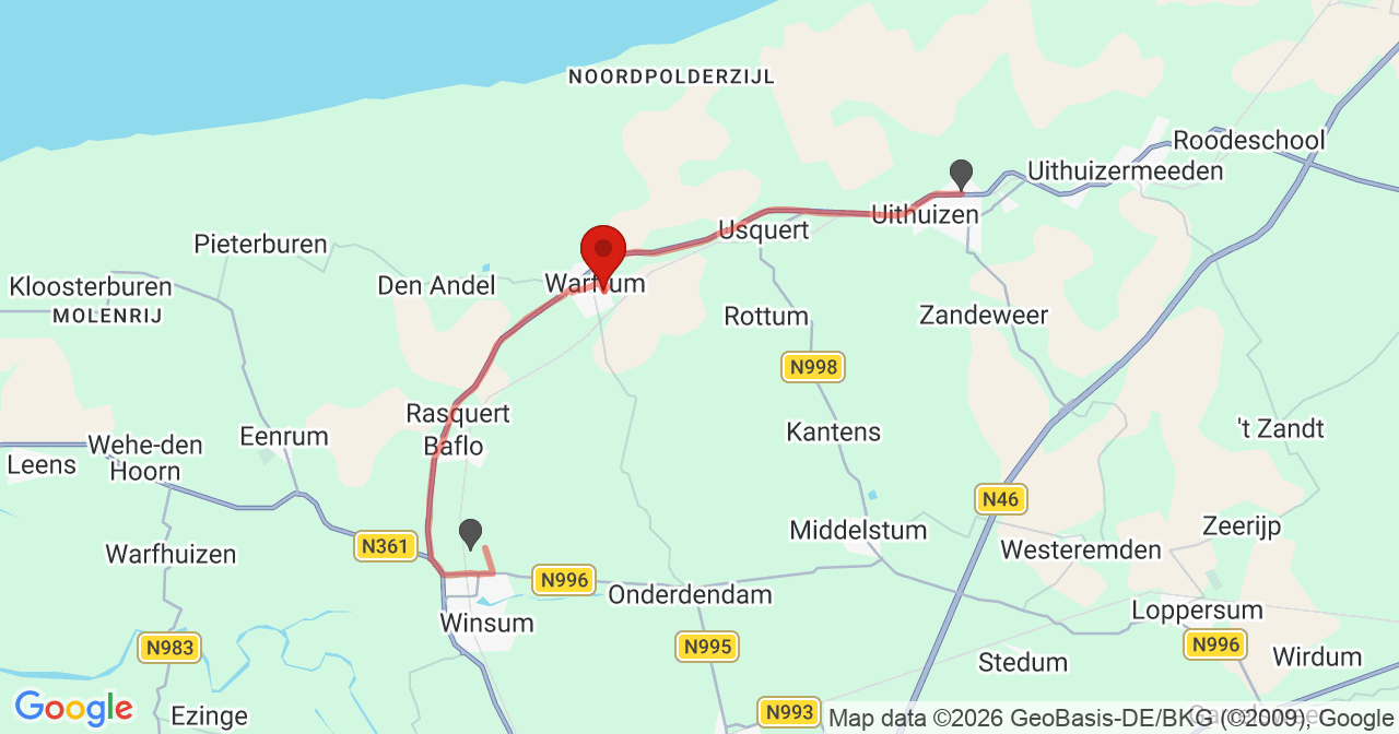 Kaart van het incident in Warffum met de aanrijroutes van de gealarmeerde eenheden