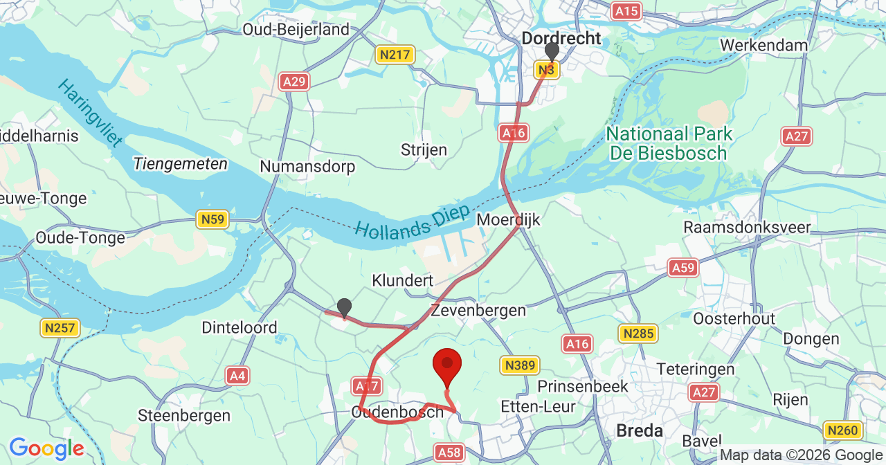 Kaart van het incident in Hoeven met de aanrijroutes van de gealarmeerde eenheden