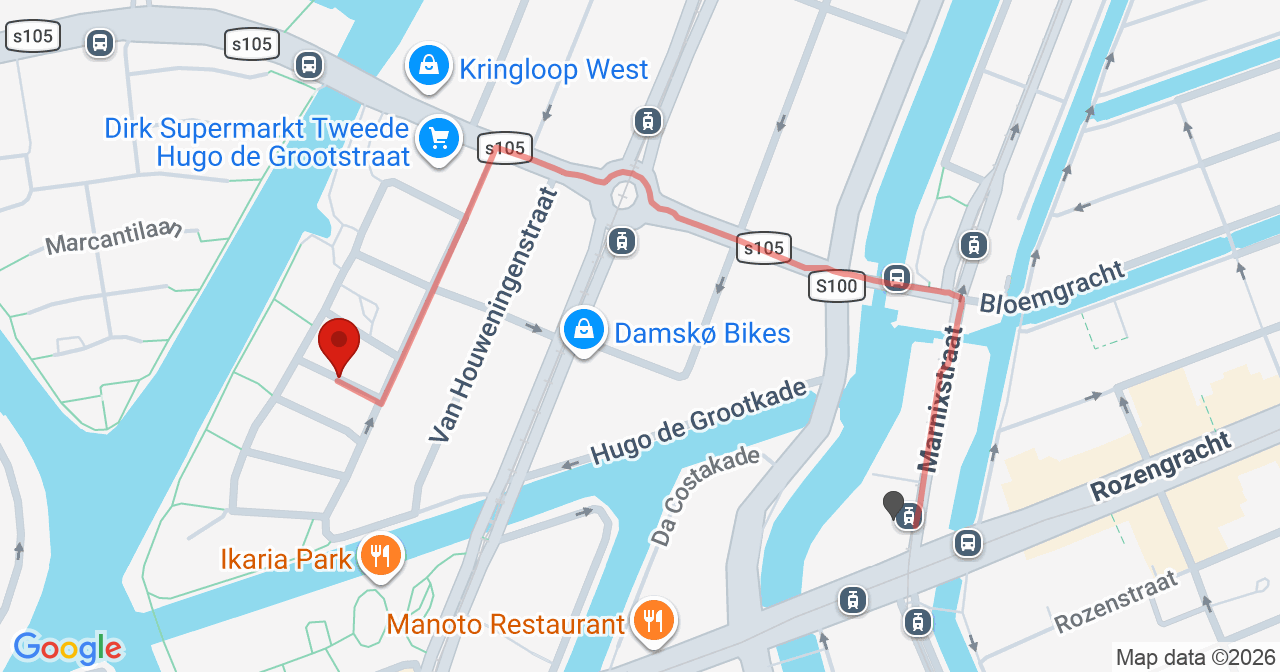 Kaart van het incident in Amsterdam met de aanrijroutes van de gealarmeerde eenheden