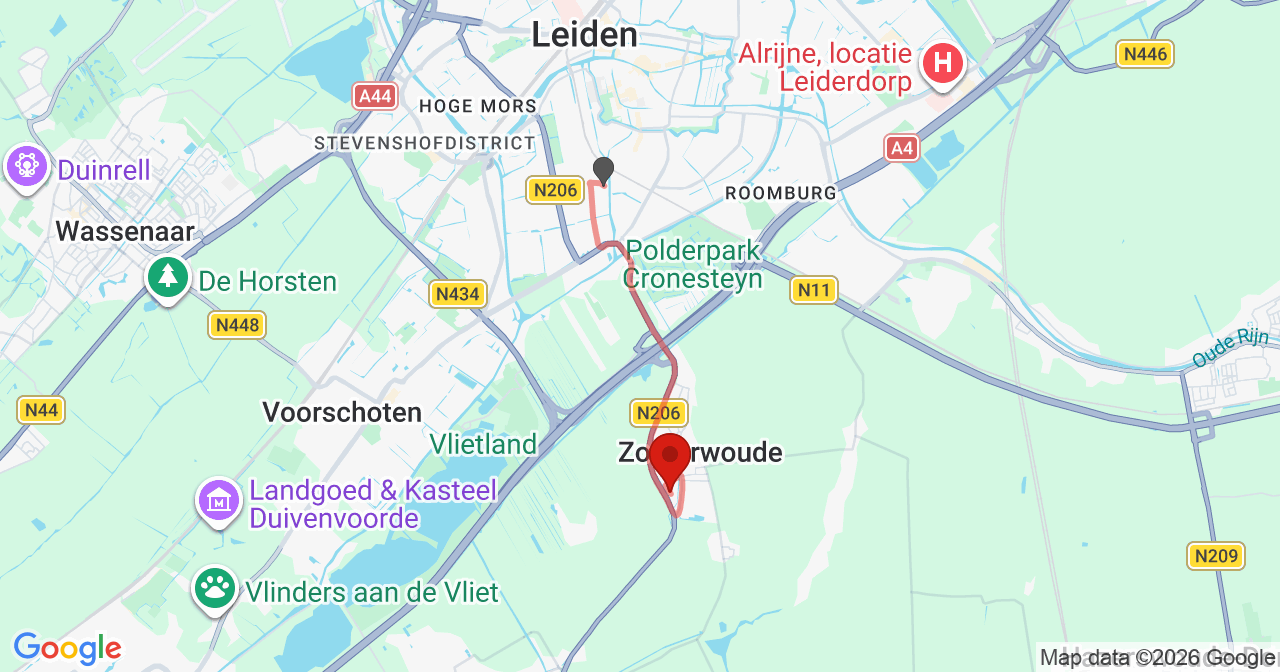 Kaart van het incident in Zoeterwoude met de aanrijroutes van de gealarmeerde eenheden