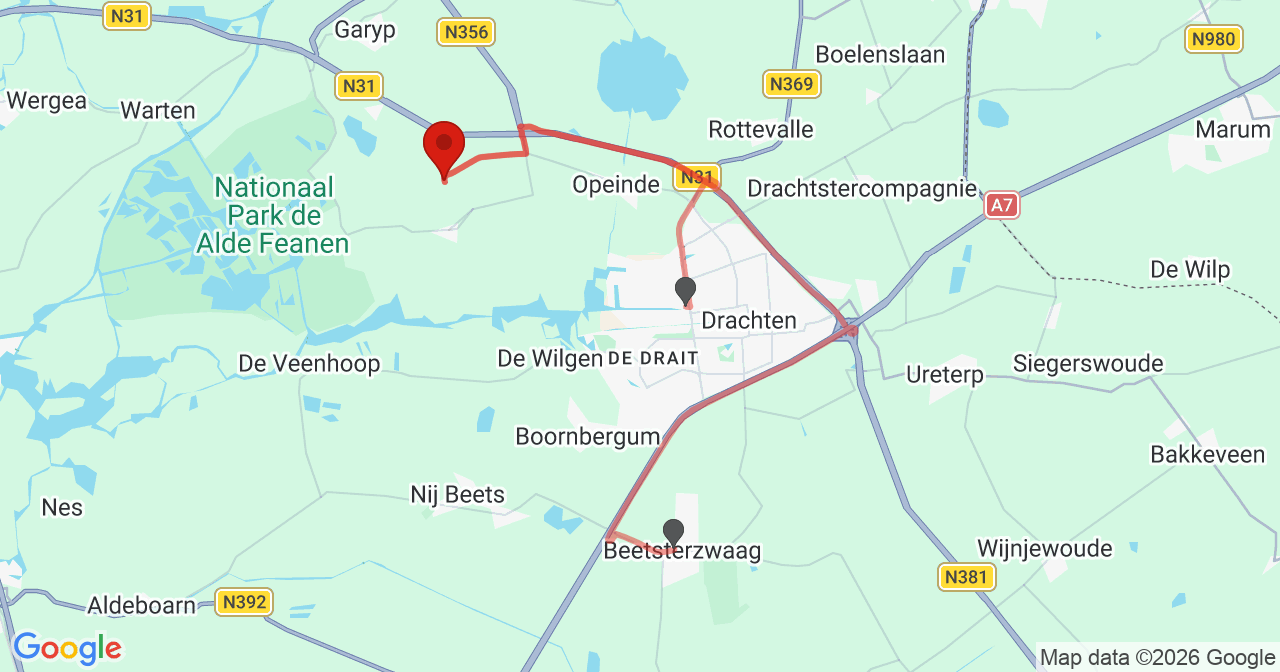 Kaart van het incident in Oudega met de aanrijroutes van de gealarmeerde eenheden
