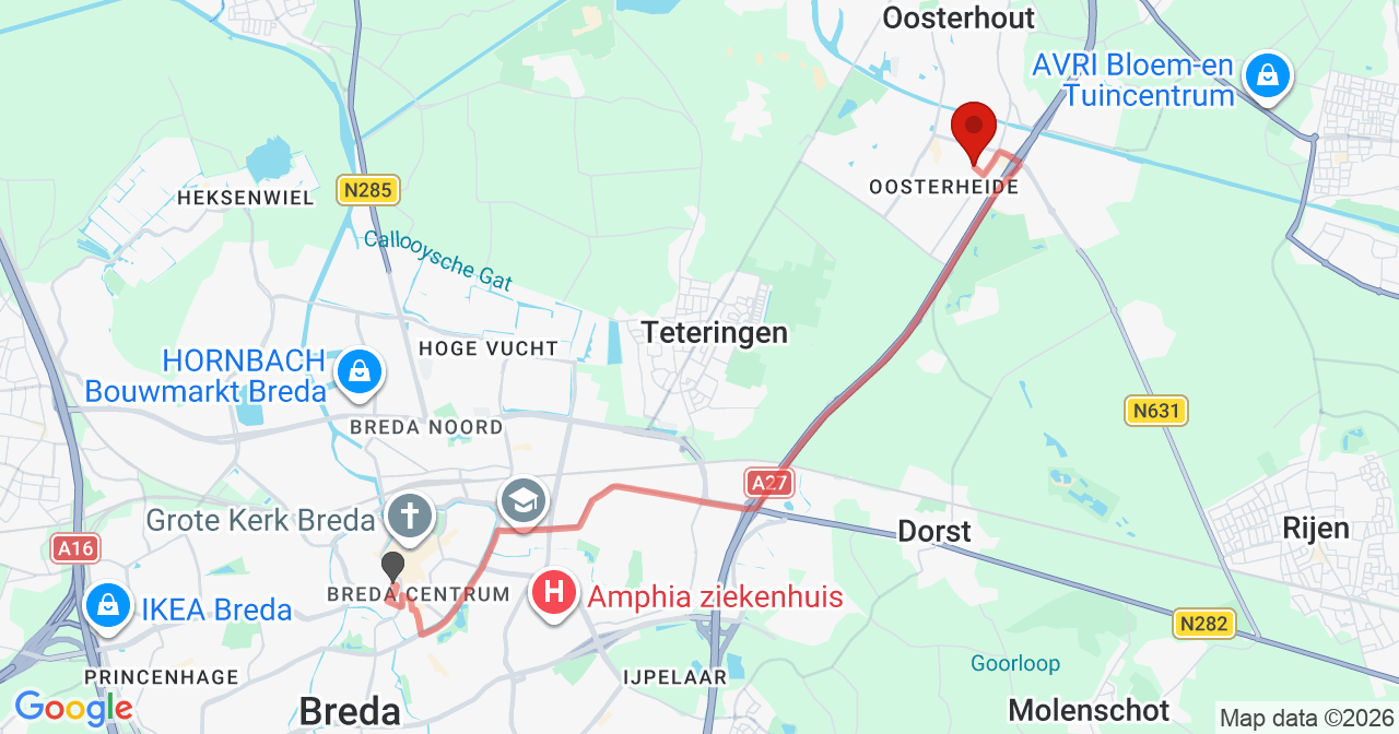 Kaart van het incident in Oosterhout NB met de aanrijroutes van de gealarmeerde eenheden