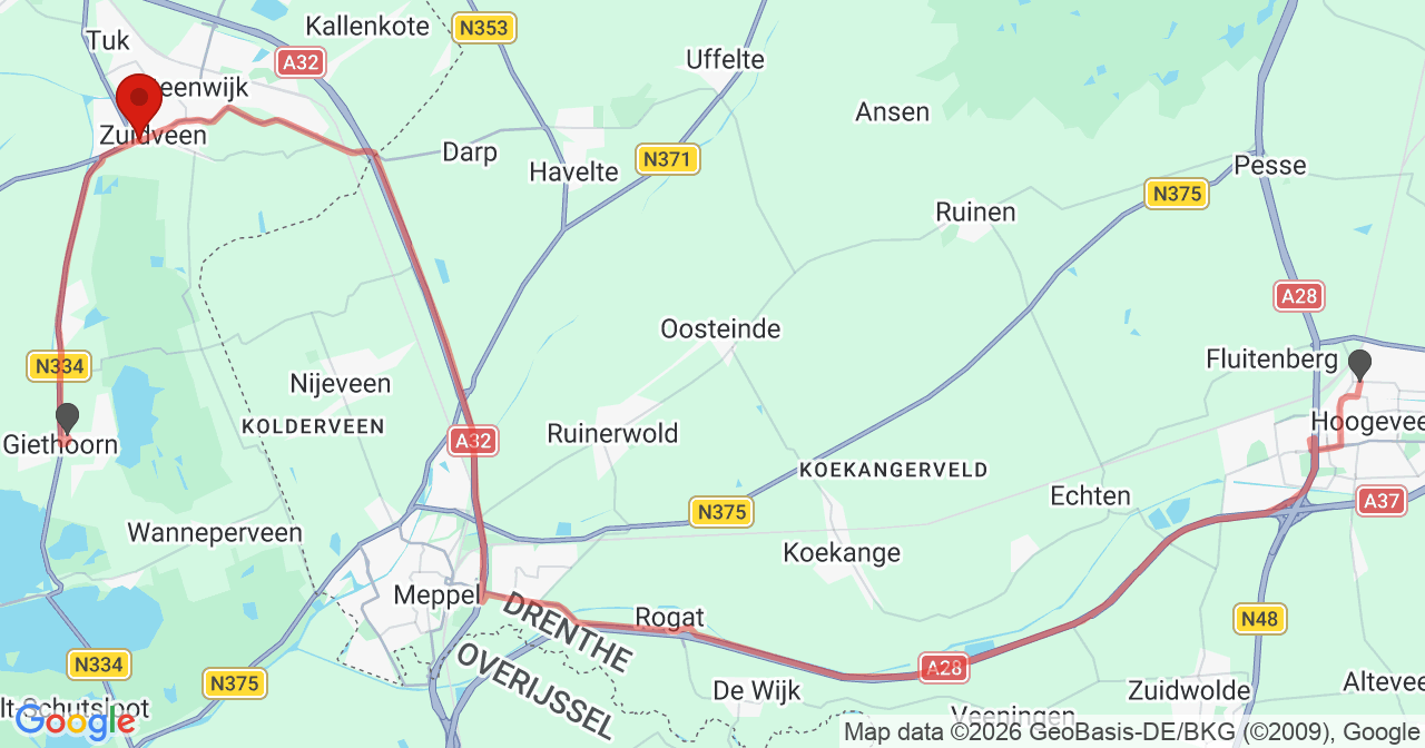 Kaart van het incident in Zuidveen met de aanrijroutes van de gealarmeerde eenheden