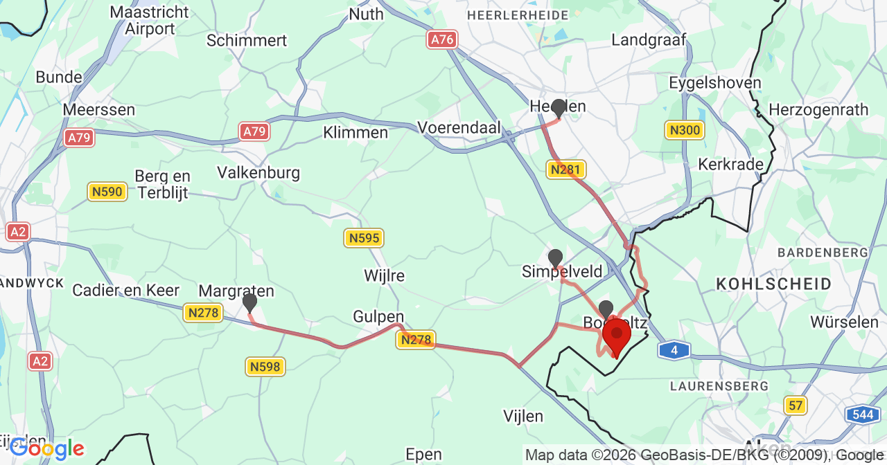 Kaart van het incident in Bocholtz met de aanrijroutes van de gealarmeerde eenheden