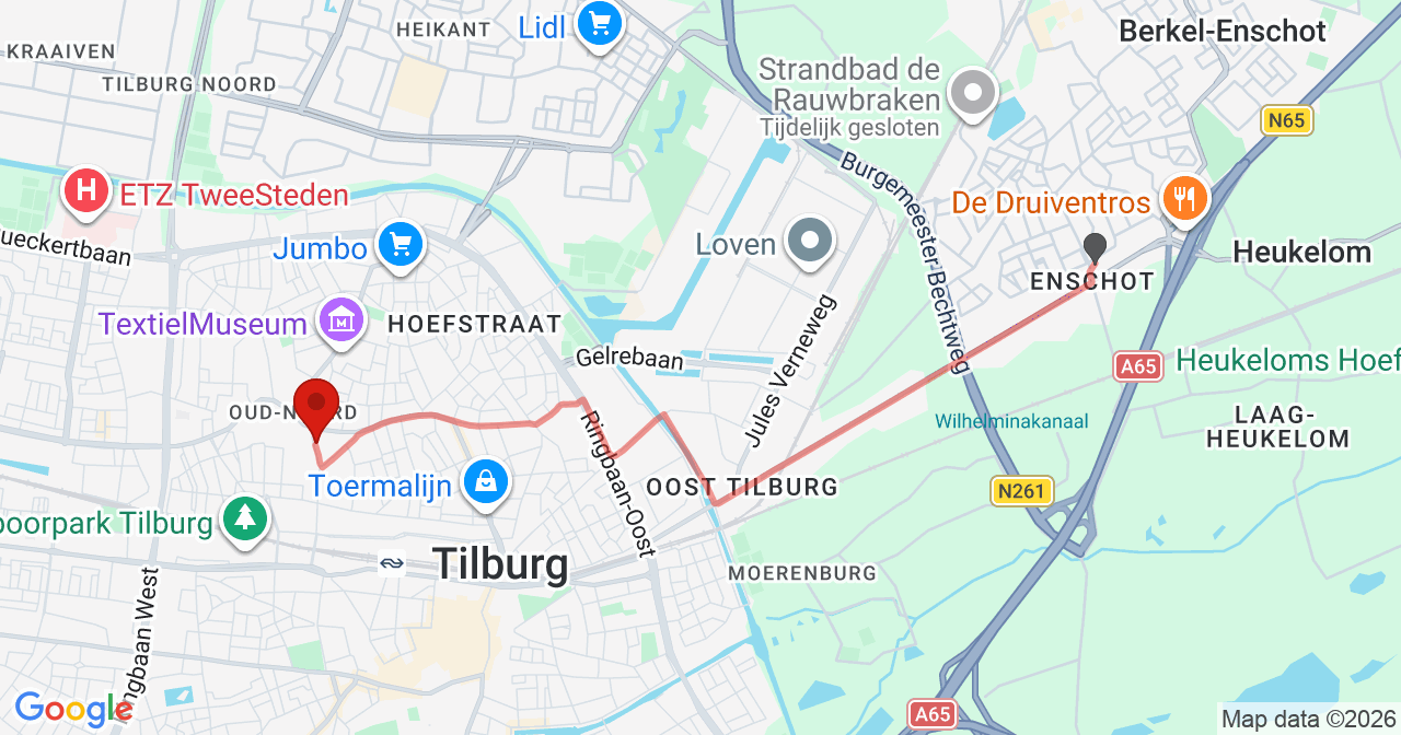 Kaart van het incident in Tilburg met de aanrijroutes van de gealarmeerde eenheden