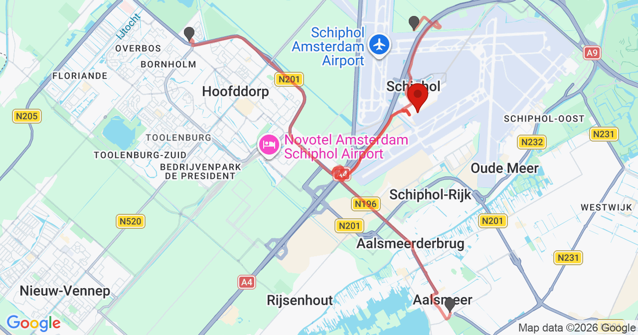 Kaart van het incident in Schiphol met de aanrijroutes van de gealarmeerde eenheden