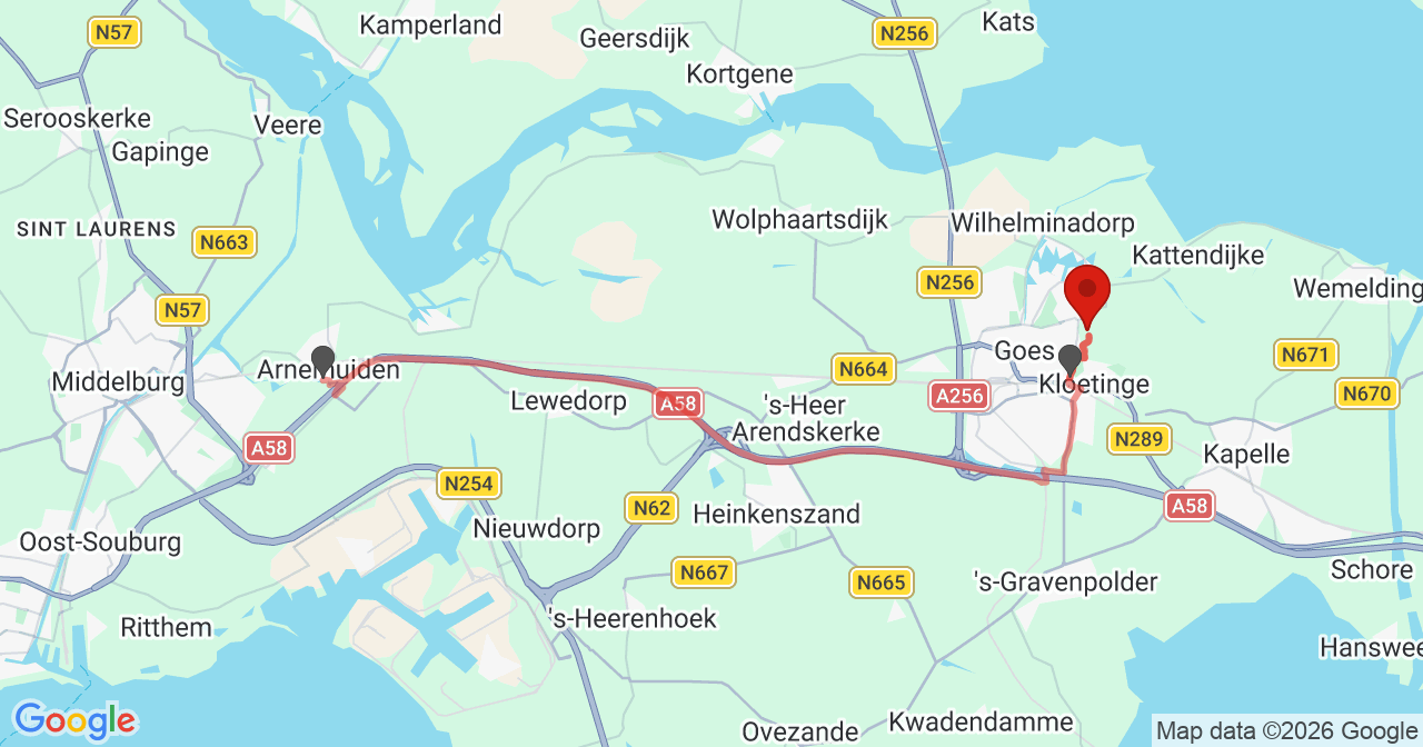 Kaart van het incident in Kloetinge met de aanrijroutes van de gealarmeerde eenheden