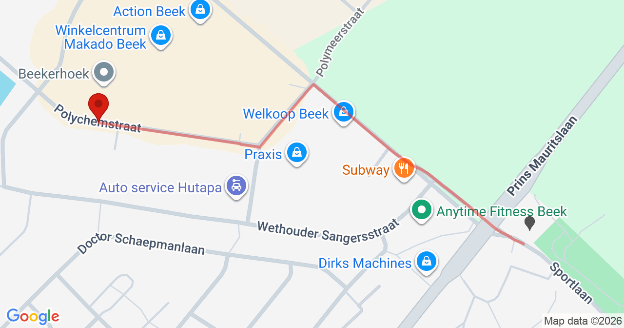 Kaart van het incident in Beek met de aanrijroutes van de gealarmeerde eenheden