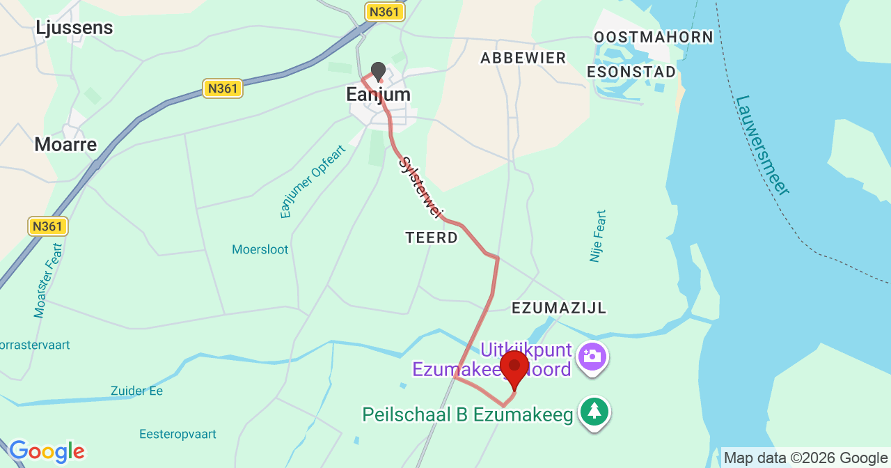 Kaart van het incident in Eanjum met de aanrijroutes van de gealarmeerde eenheden